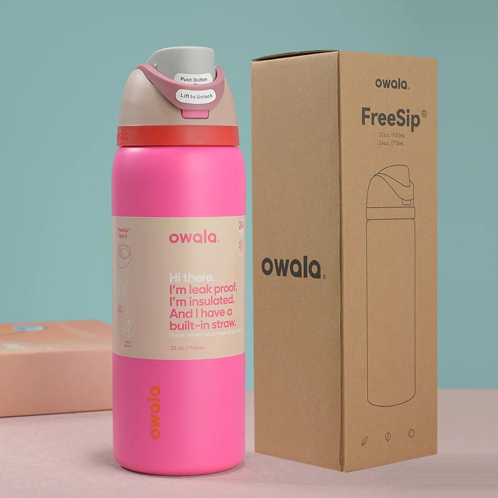 Owala Stainless Steel Thermal Cup Outdoor Sports Water Bottle Elastic Lid Insulated Cup Travel Carrying Case Multi-Color Options