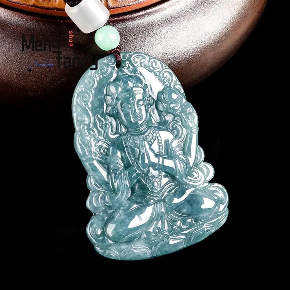 Natural A-goods Jadeite Blue Water Four-armed Goddess of Mercy Ice Jade Pendant High-grade Fashion Luxury Jewelry Holiday Gifts