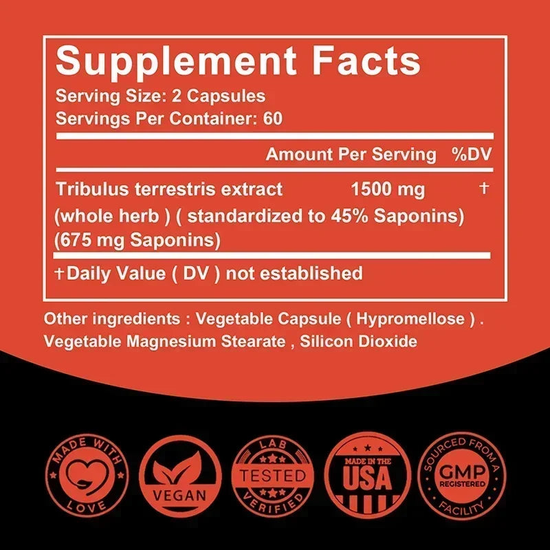 Tribulus Extract Capsules - Extra Strength - Energy, Endurance & Natural Energy Non-GMO