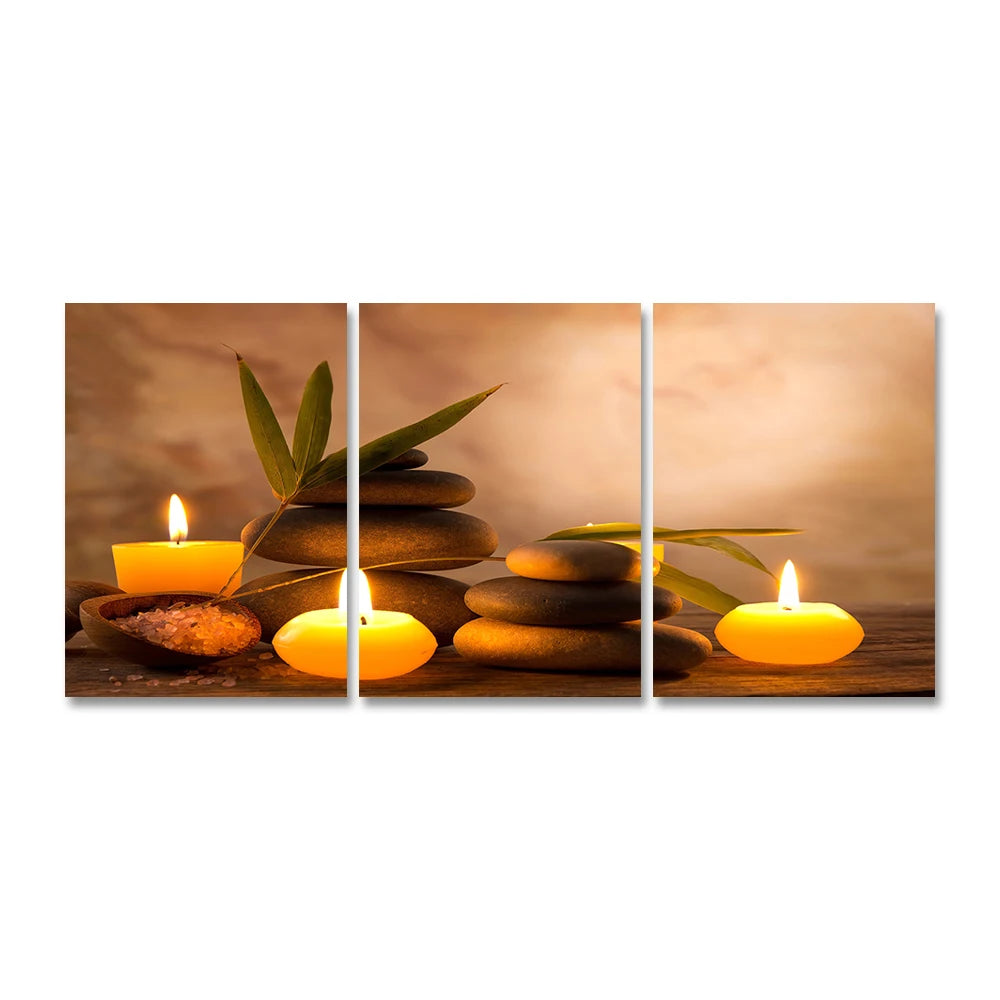 3PCS Frameless Canvas Paintings Print Wall Art Meditation Zen Stones Artwork Aromatic Burning Candles Spa Still Life Pictures