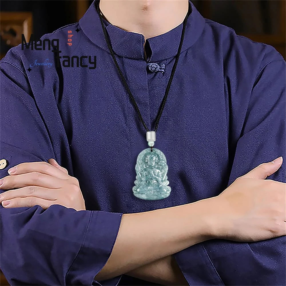 Natural A-goods Jadeite Blue Water Four-armed Goddess of Mercy Ice Jade Pendant High-grade Fashion Luxury Jewelry Holiday Gifts